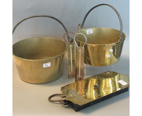 Collection of vintage brass items to include No 60.T Salter's trade spring balance, two preserving pans with iron swing handl