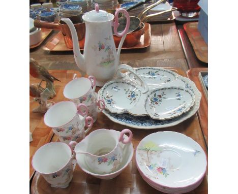Dainty Shelley coffee set decorated with countyside scene, flowers and butterflies and edged in pink to include: five coffee 