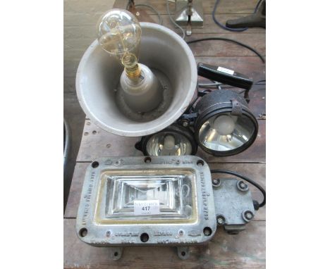 Group of lamps to include a loud speaker, now converted to table or wall mounted lamp, a double wall mounted lamp with black 