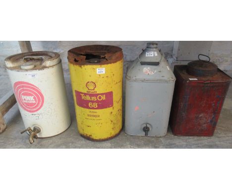 Collection of vintage cans to include pink paraffin with brass tap, Shell Tellus Oil 68, and two square section cans. (4)(B.P