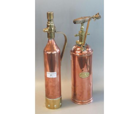 Vintage copper and brass pump action garden spray marked 'W T French & Son Ltd. Birmingham'. Together with another vintage co