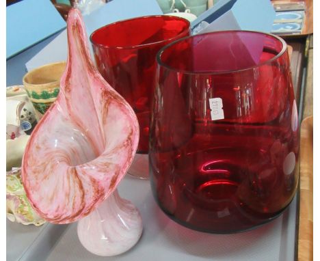 Art Glass Pink arum lily vase with streaked decoration and baluster base. 28cm high approx. Together with two items of ruby g