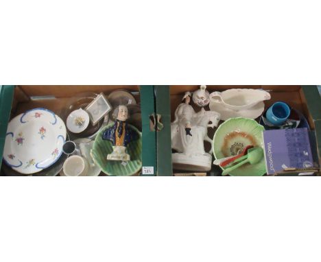 Two boxes of assorted china and pottery to include: 19th century Staffordshire flatback equestrian figure, Royal Winton salad