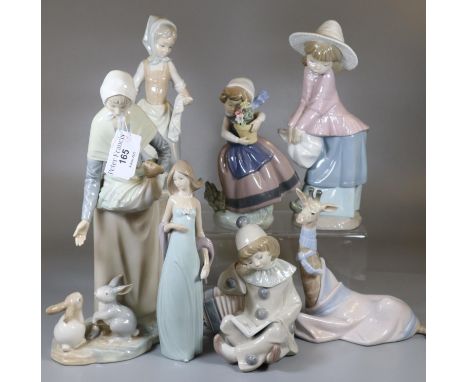 7 Lladro and Nao Spanish porcelain figurines to include: 'Clown', 'Young girl with Pot of Flowers', 'Recumbent Giraffe' etc  