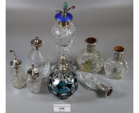 Collection of silver topped and silver plate and enamel glass scent bottles and atomisers (8) (B.P. 21% + VAT) Two small spra