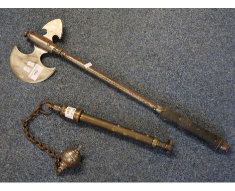 Two wall hanging reproduction weapons including a steel headed axe and a flail. (2)(B.P. 21% + VAT) 