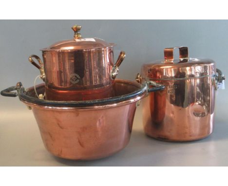 Collection of vintage copper items to include preserving pan with iron swing handle, lidded copper two-handled cooking pot an