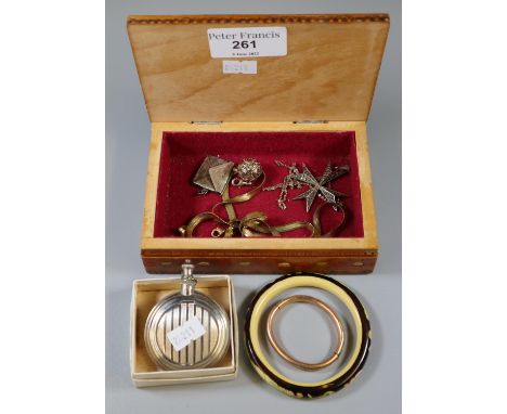 A collection of costume jewellery including a silver stamp box, a gilt baby bangle, Maltese cross etc. (B.P. 21% + VAT) 