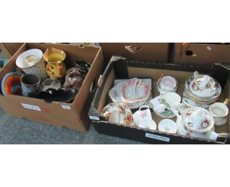 Two boxes of assorted pottery and china to include: Royal Albert 'Celebration' part teaware to include large teapot, sucrier,