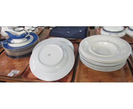 Three trays of china items to include: 8 large Aynsley 'Sheraton' fine bone china dinner plates, blue mottled rim with gilt e