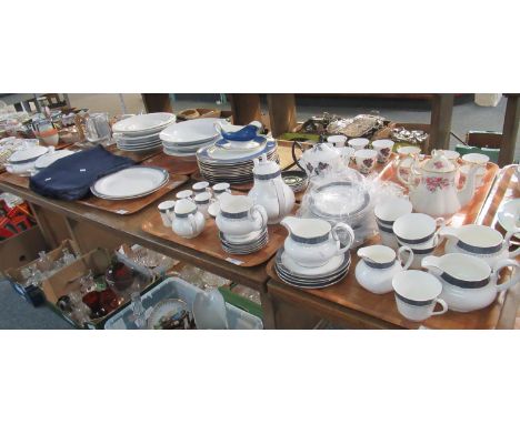 Three trays of Royal Doulton 'Sherbrooke' design china to include: 2 Royal Doulton 'Sherbrooke' lidded vegetable dishes, 2 ov