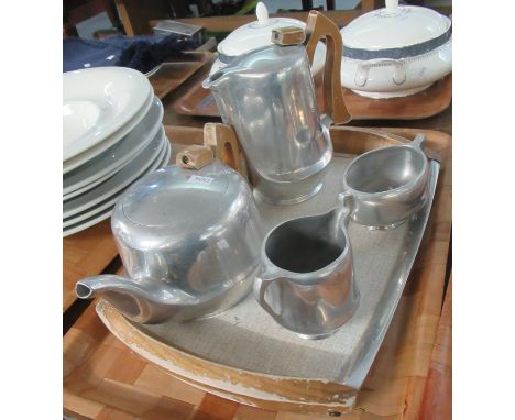 Tray of Picquot ware: melamine tray with wooden handles together with teapot, coffee pot, milk jug and sugar basin (not in th