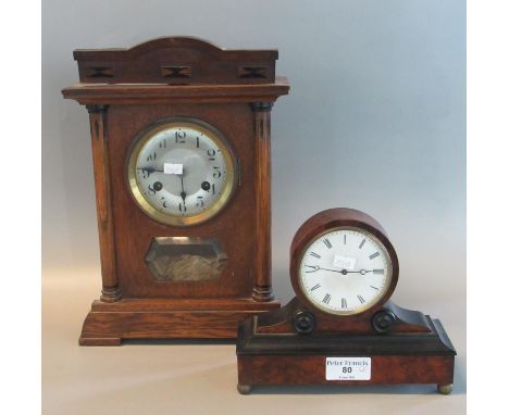 Edwardian Walnut and ebonised drum mantle clock, together with an early 20th century oak two train mantle clock(2).(B.P. 21% 