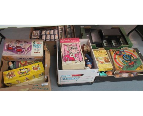 3 Boxes of vintage toys, dolls and accessories, to include: Pelham Puppet in original box, Marx Little Hostess dining table w