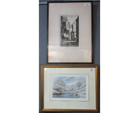 Herbert Reeve, 'The Shambles, York', uncoloured etching signed in pencil. Together with Graham Hadlow, moorland river scene i