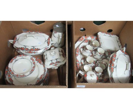 Two boxes of Crown Ducal Art Deco coffee and dinnerware comprising: 5 coffee cups and saucers, a coffee pot, small sugar basi