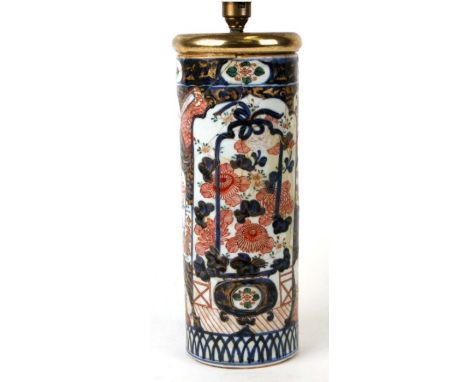 A Chinese Imari pattern cylindrical vase with four character blue mark to the underside, converted to a table lamp (a/f), 34c