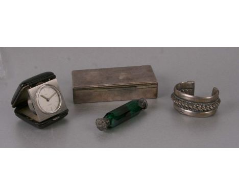 A Victorian silver mounted double-ended green glass scent bottle; together with a Persian metal bangle; a silver plated box w