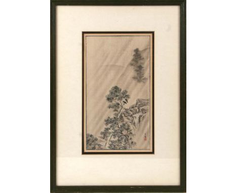 A Chinese pen &amp; ink drawing on silk depicting birds in trees, signed and red seal mark lower right, framed &amp; glazed, 