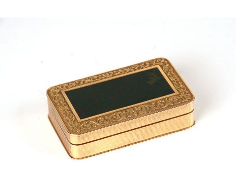 A 19th century yellow metal (tests as 14ct gold) continental, probably Swiss or French, table snuff box with inset rectangula