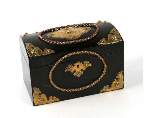 A Victorian coromandel and brass dome topped two-division tea caddy with satinwood interior, 23cms wide.Condition ReportGener
