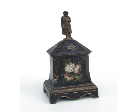 A Regency painted cast iron tobacco box and cover, with Napoleon finial, 18cms high.