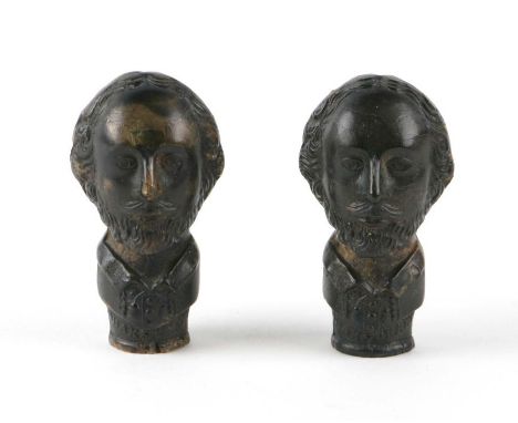 Two 19th century pressed horn walking stick / desk seal handles in the form of William Shakespeare with lozenge date marks to