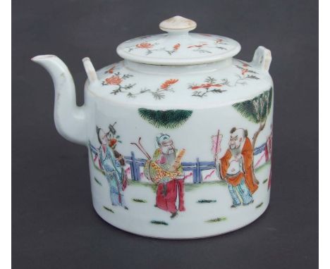 A Chinese famille rose teapot decorated with figures in a garden, red seal mark to the underside, 13cms high.Condition Report