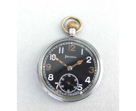 20th century British Army black faced Helvetia pocket watch. Engraved to the reverse with the War Department arrow and G.S.T.