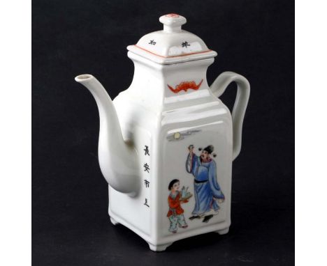 A Chinese Republic style square form teapot decorated with figures and calligraphy, four character red mark to the underside,