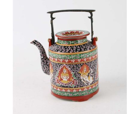  A Chinese, for the Thai market, Bencharong teapot and cover decorated with mythical figures, 22cms overall height.Condition 