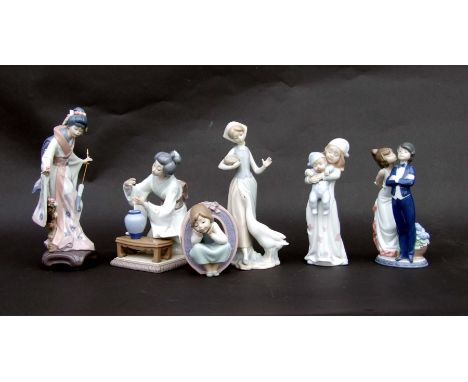 A group of Lladro figures to include a girl feeding a goose, a girl holding a baby and two Japanese figures, largest 27cms hi