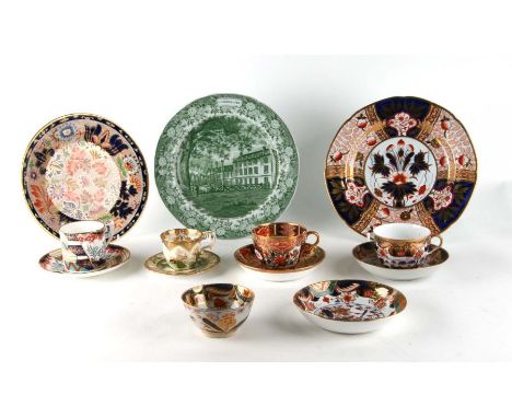 A group of mostly 19th century cups, saucers and plates to include Spode, Copeland and Royal Crown Derby (some pieces formall