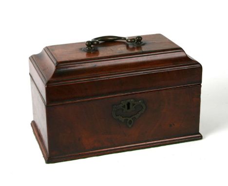 A 19th century mahogany three-division tea caddy, 23cms wide.