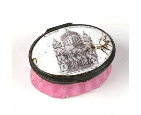 An 18th century Bilston enamel patch box, titled 'A Trifle from London, A View of St Paul's Cathedral' (a/f).