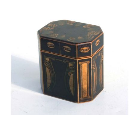 A Regency tea caddy of octagonal for with painted decoration, 12cms diameter.