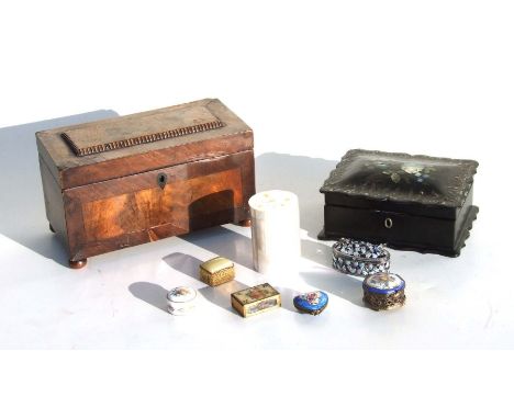 A 19th century mahogany two-division tea caddy, 23cms wide; together with a Victorian mother of pearl inlaid papier-mâché box