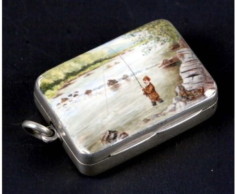 A Victorian silver and enamel vesta case, London 1897 and maker's mark for George Heath, the enamelled top depicting a gentle
