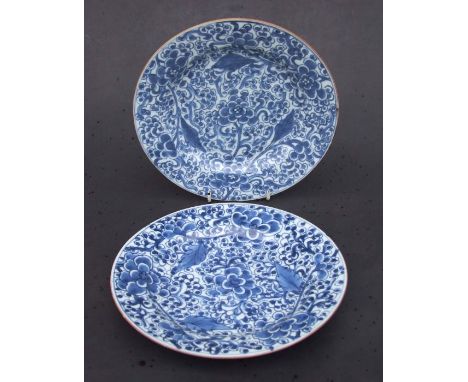 A pair of Chinese blue & white Kangxi plates decorated with flowers, 23cms diameter (2).Condition Reportplate one - minor gla