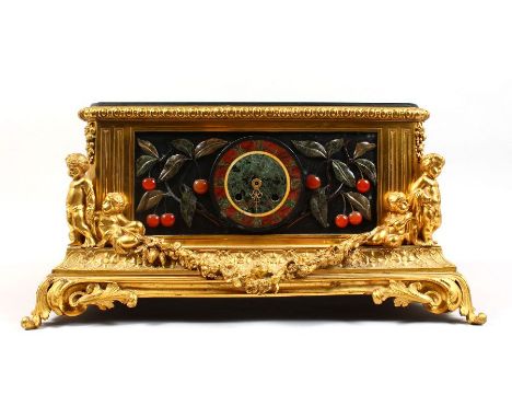 A 19th century French ormolu and pietra dura mantle clock, (probably Barbedienne) the rouge marble chapter ring with Roman nu