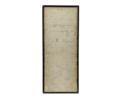 An 18th / 19th century Needlework sampler, worked with coloured silks on a linen ground with alphabets, numbers and a number 