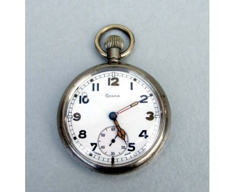 20th century British Army white faced Grana pocket watch. Engraved to the reverse with the War Department arrow and G.S.T.P. 