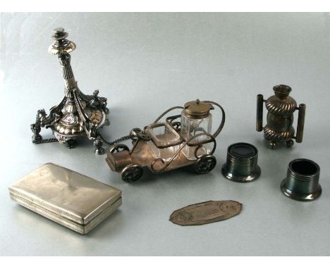 A novelty car form cruet stand, 17cms long; together with a Victorian silver plated after dinner cigar lighter; an Elkington 