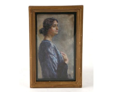 Miss J Hughes-Martin (Irish school) - a miniature half length portrait of a lady wearing a blue dress, watercolour heightened