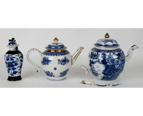 A Chinese blue &amp; white teapot of globular from, 17cms high; together with another similar smaller, 16cms high; and a Chin