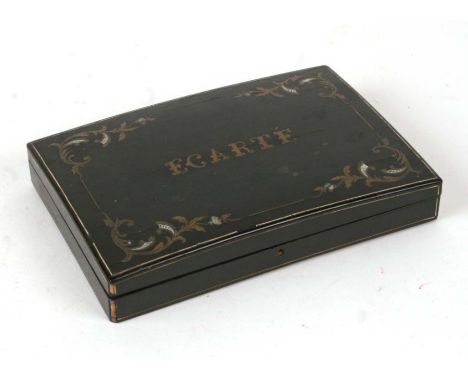 A 19th century French ebonised Ecarte playing card box with glass and mother of pearl inlay, 17cms wide.