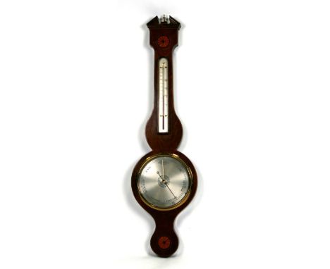 A 19th century style inlaid mahogany cased barometer thermometer with silvered dial and temperature gauge, 96cms high.