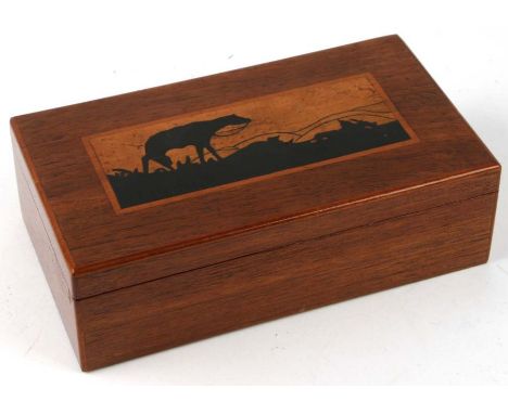 A South African German Prisoner of War wooden trinket box, the lid with inlaid decoration depicting a horse on the veld, the 