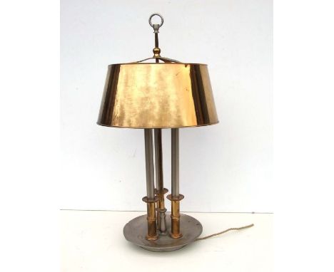 A French plated and brass three-column table lamp, overall 76cms high.