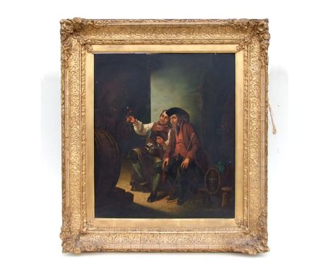 19th century continental school - Figures in a Wine Cellar - oil on tin, mounted in an ornate gilt frame, 48 by 56cms.